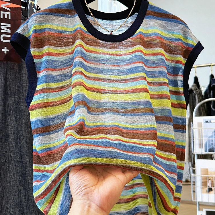 大码300斤彩色条纹无袖圆领T恤男夏季宽松外穿马甲背心薄针织上衣