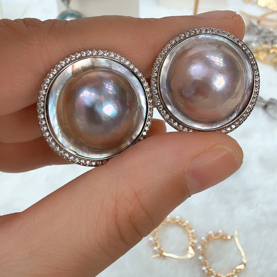 银S925镶嵌拼合珍珠（马贝珠）耳饰