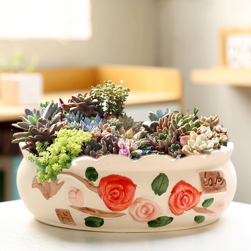 大口径粗陶透气多肉群生植物花盆陶瓷超大号拼盘创意花盆清仓捡漏