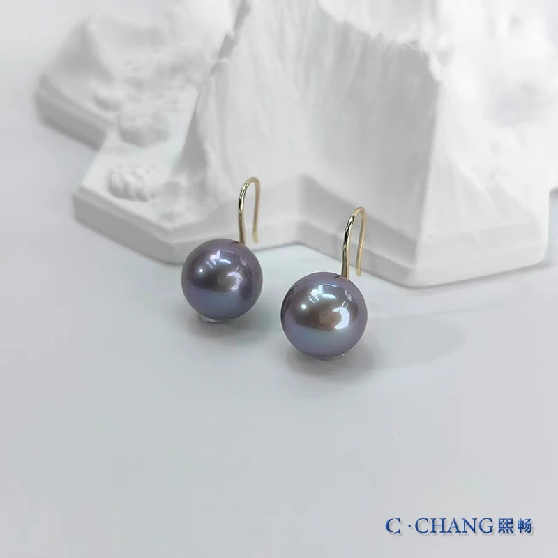 淡水珍珠紫珠耳钩S925银13-14mm高级时尚经典百搭耳环【畅太定制】