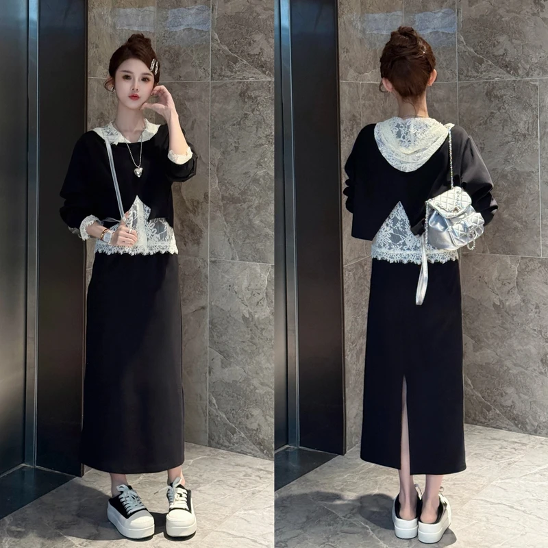 2025春季新款韩系慵懒通勤蕾丝连帽后背开叉减龄套装气质显瘦休闲