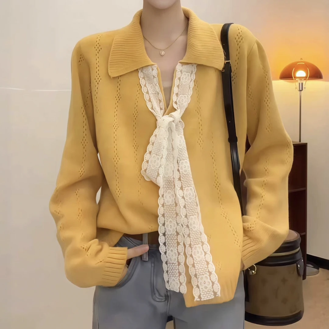 159法式蕾丝蝴蝶结翻领毛衣女秋冬宽松慵懒风高级感针织开衫外套