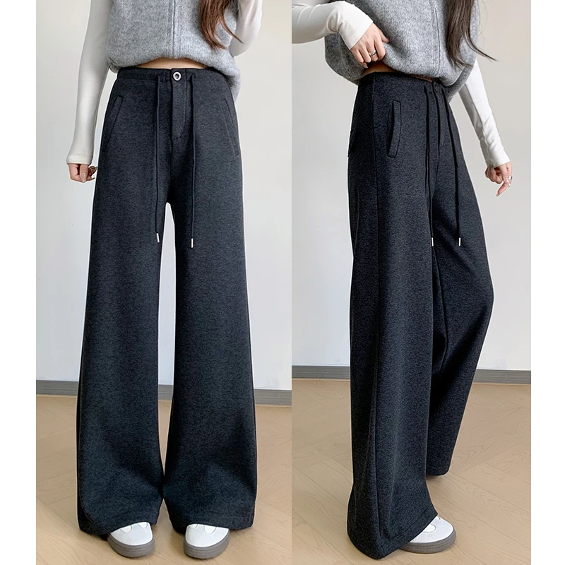 灰色抽绳阔腿裤女秋冬季2025新款高腰直筒慵懒风宽松休闲运动卫裤