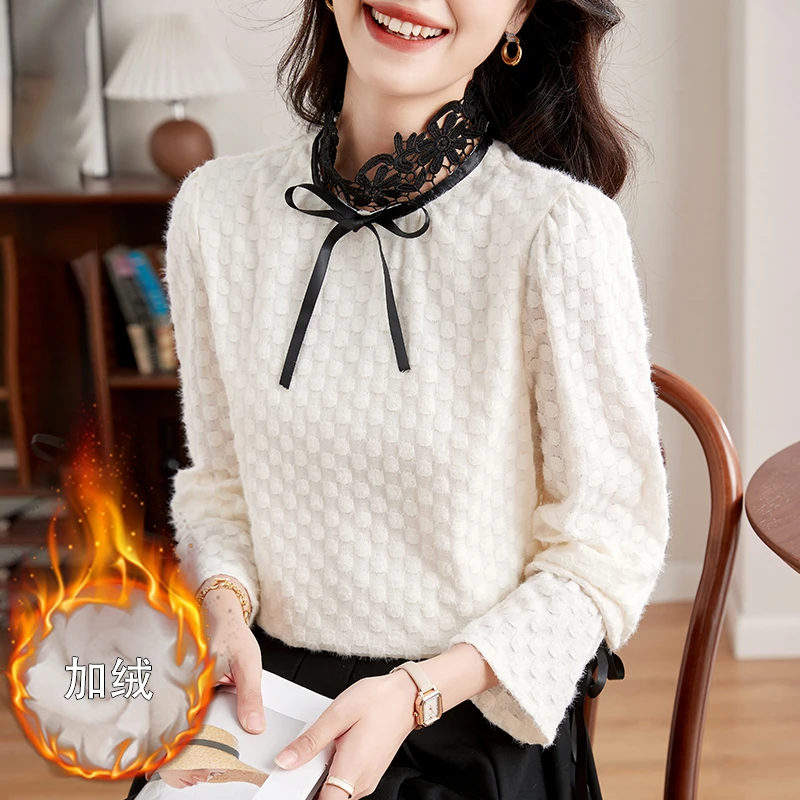 加绒加厚复古蕾丝打底衫女2025新款秋冬季高级感长袖内搭小衫上衣