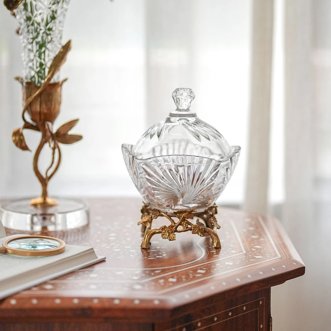 【奇居】葡萄藤黄铜水晶玻璃带盖糖果罐家用糕点零食果盘#G1254