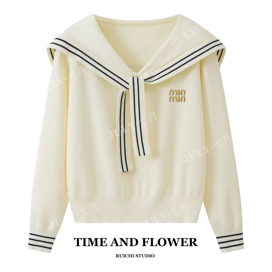 2025韩系慵懒风海军领字母刺绣纯色系带休闲宽松针织衫上衣女