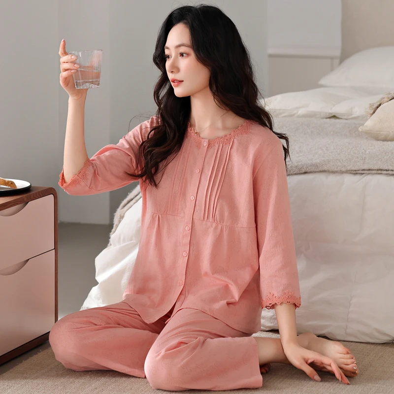 睡衣女夏季女款爆款2025新款七分袖短袖长裤套装春秋可外穿家居服