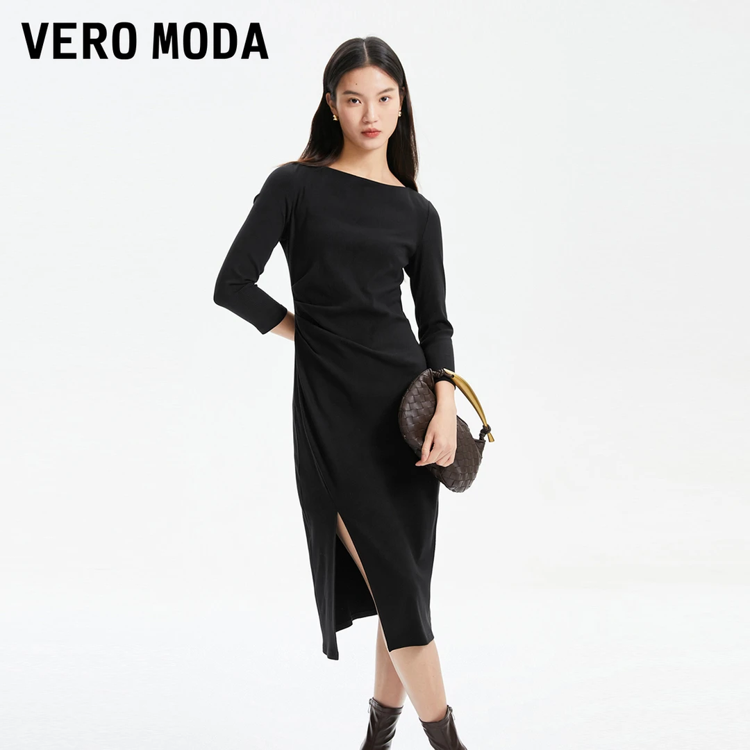 Vero Moda连衣裙2025冬季新款七分袖开叉修身中长裙优雅325461004