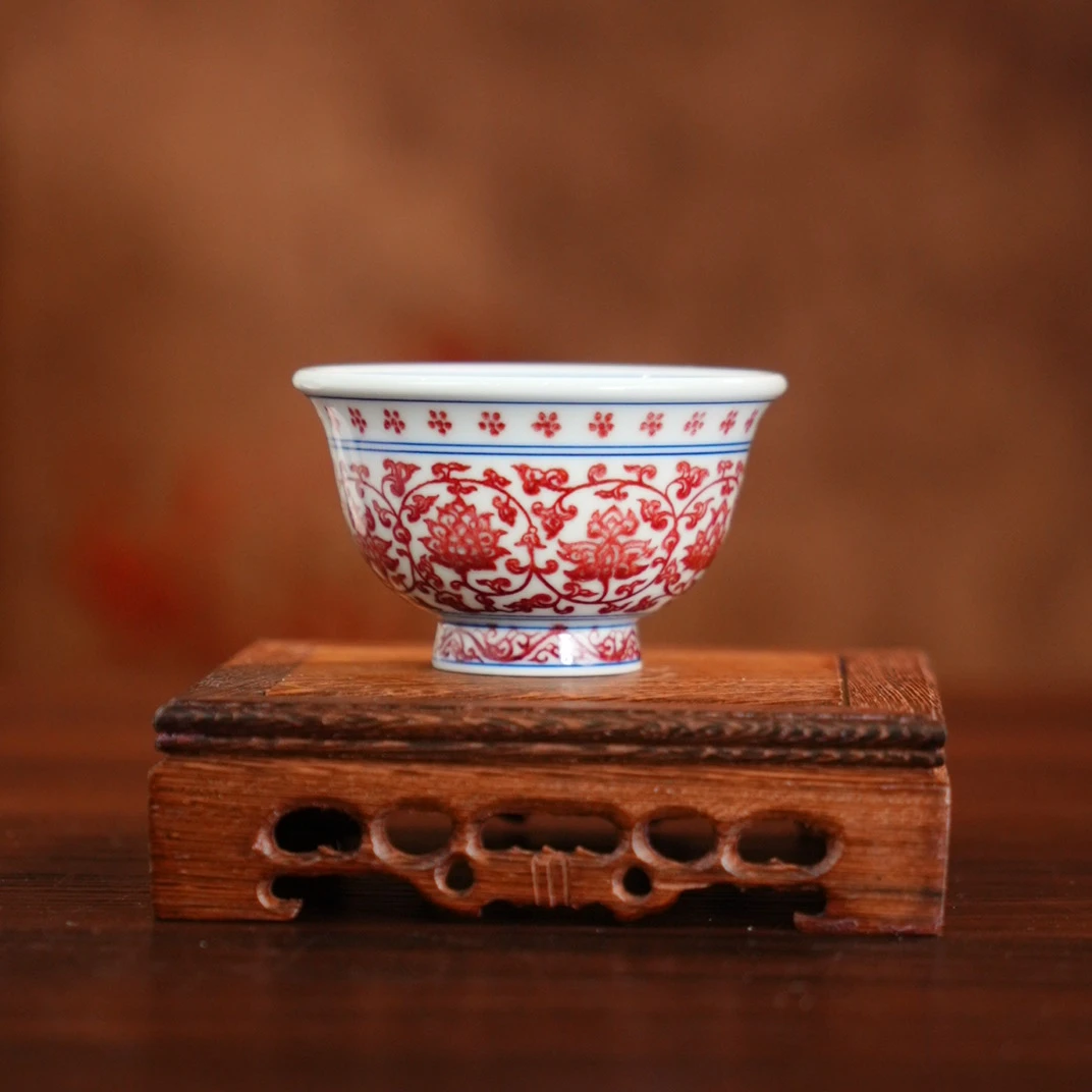 逸古堂｜全釉里红大压手杯 100ml景德镇瓷器纯手工手绘茶杯茶具