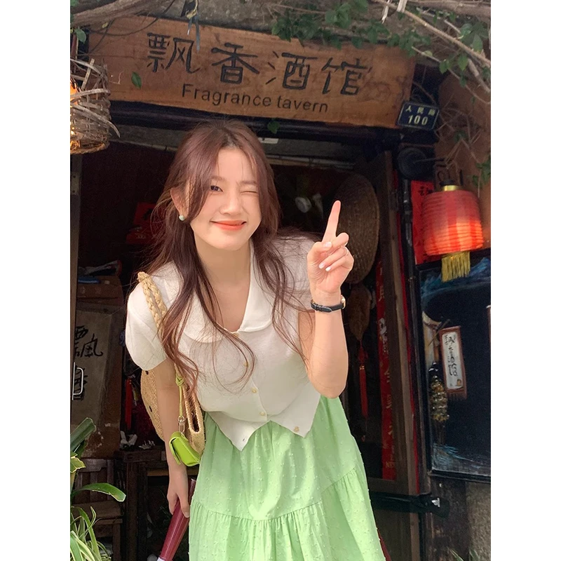 法式娃娃领polo衫针织短袖t恤女夏季小个子短款冰丝翻领开衫上衣