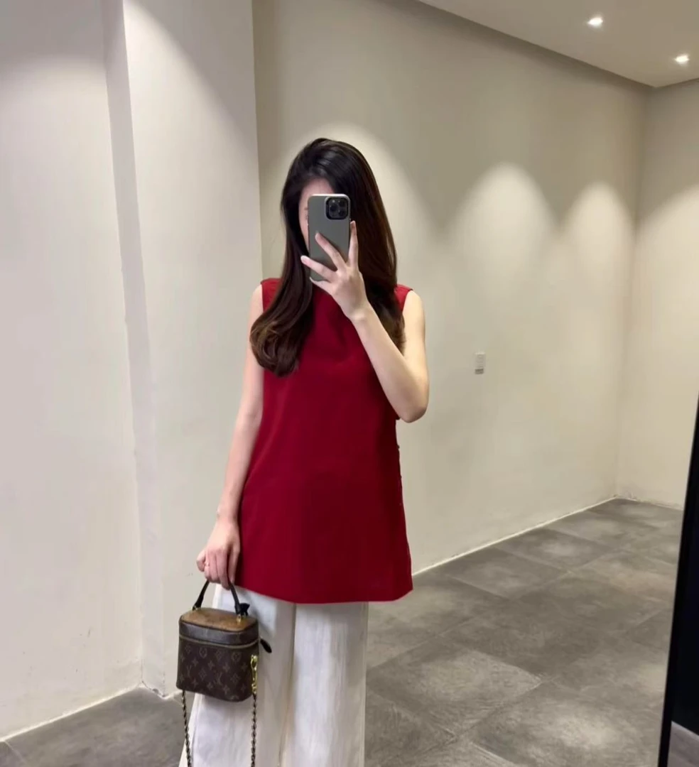 欧货 质感红透气无袖旗袍上衣