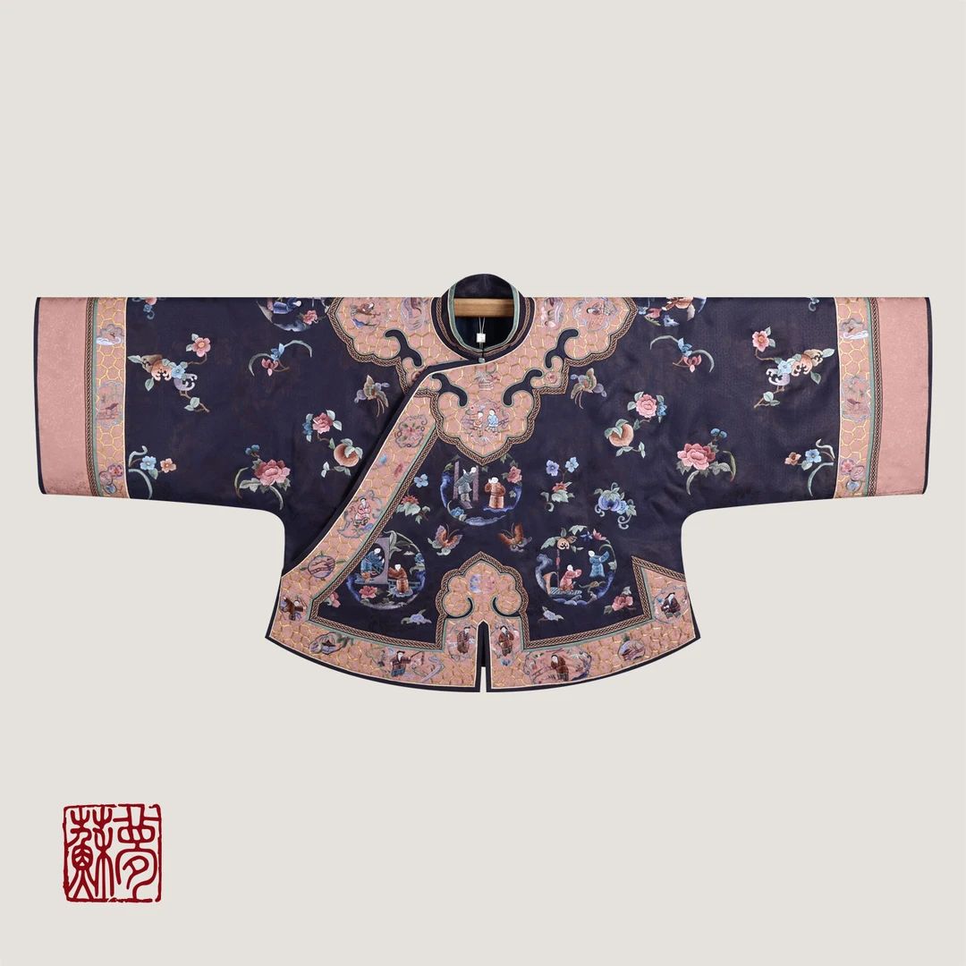 蘇夢【芳丛蝶序】香云纱月夜蓝手绣盘金满绣立领斜襟上衣01031689