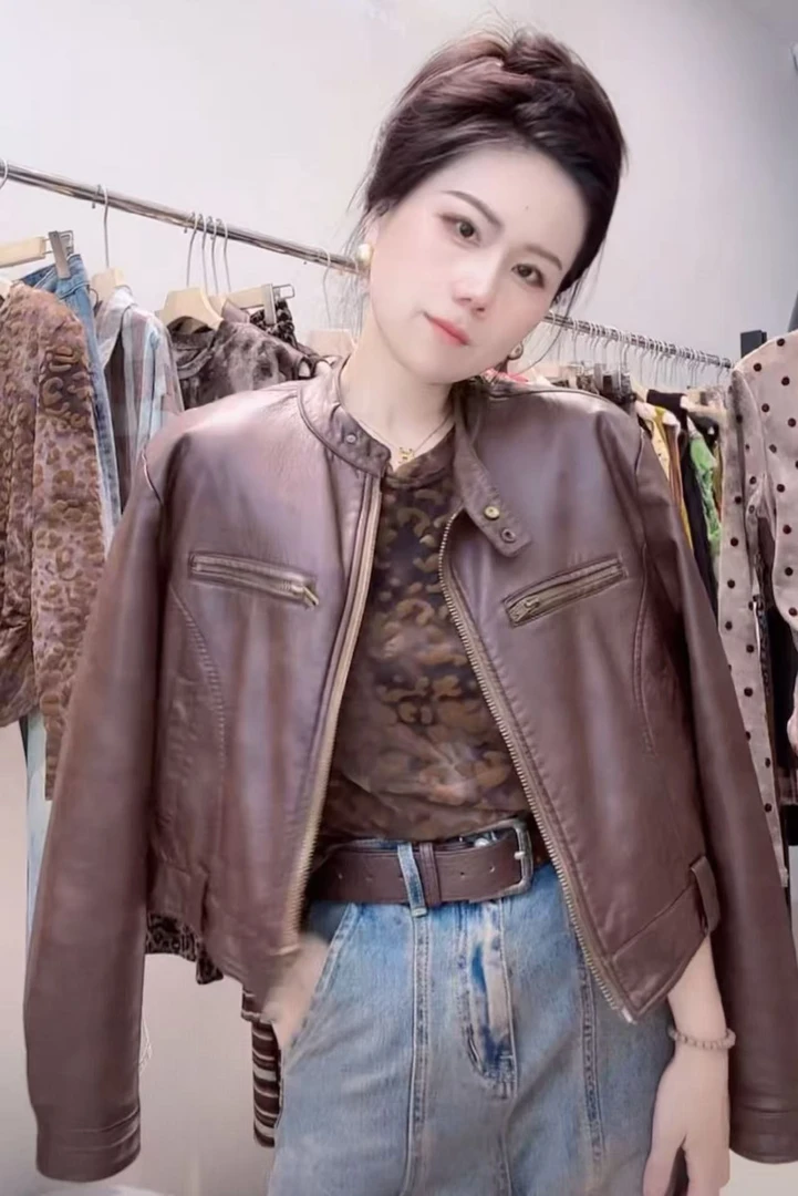 韩国东大门早春新款美拉德帅气拉链开衫PU皮夹克长袖皮衣外套女士