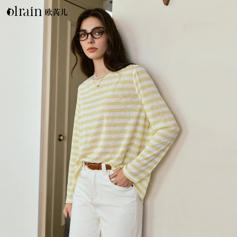 OLrain欧芮儿圆领女2025秋季新款黄色条纹套头长袖T恤O57QT99693