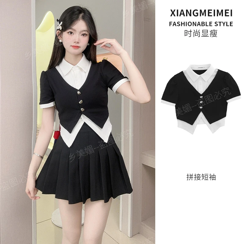 夏季显瘦拼接潮流风JK风小香风时尚性感风学院风气质短袖衬衫