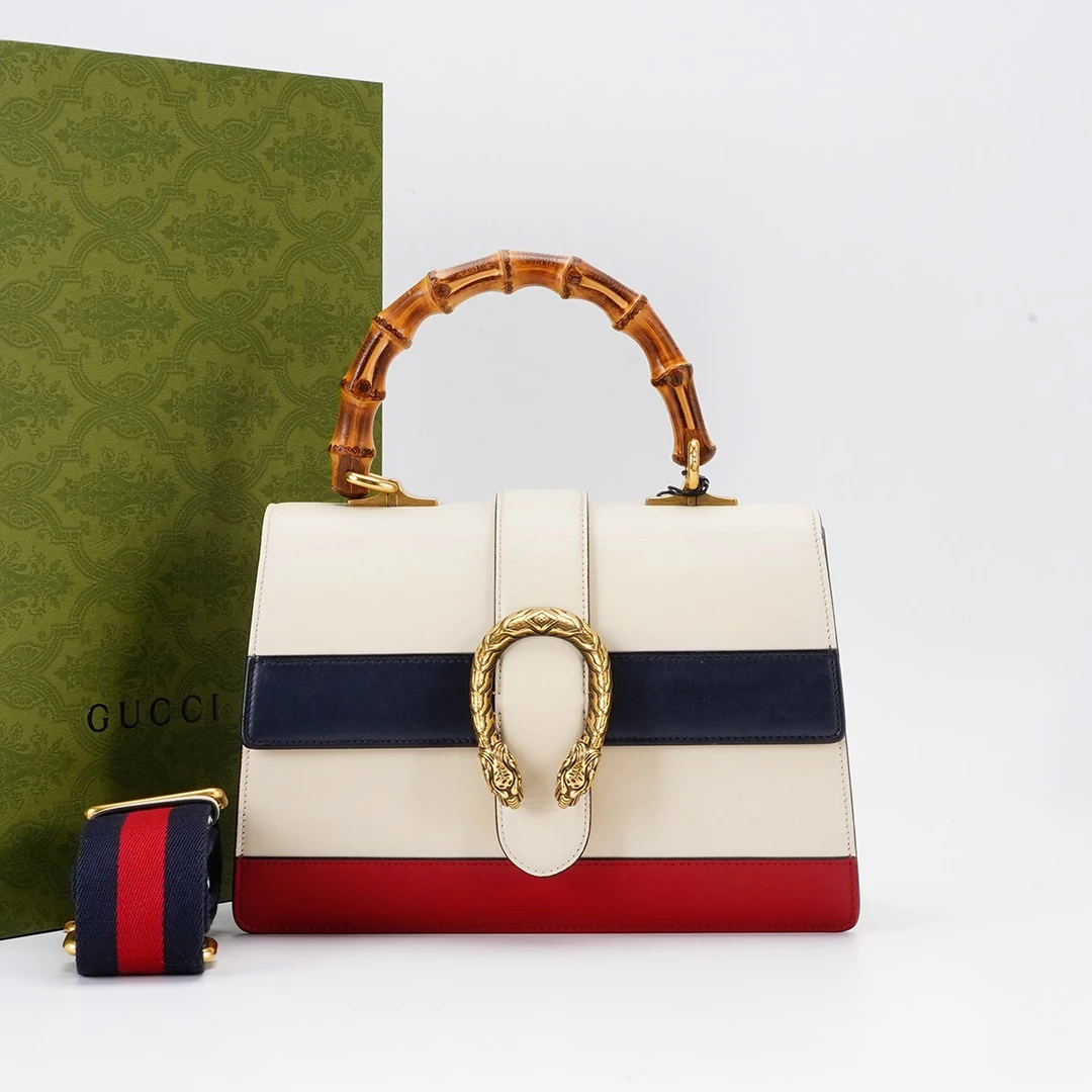 95新 GUCCI/古驰 【小清专属一口价】酒神竹节包中号白三拼色/