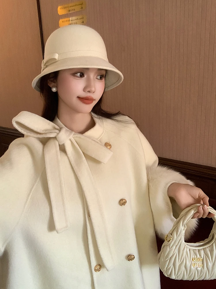 【温莎千金】蝴蝶结双面羊毛大衣斗篷狐狸毛羊毛呢外套