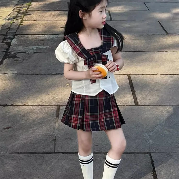 女童夏季jk两件套女宝学院风衬衫格子短裙套装儿童学院洋气童装潮