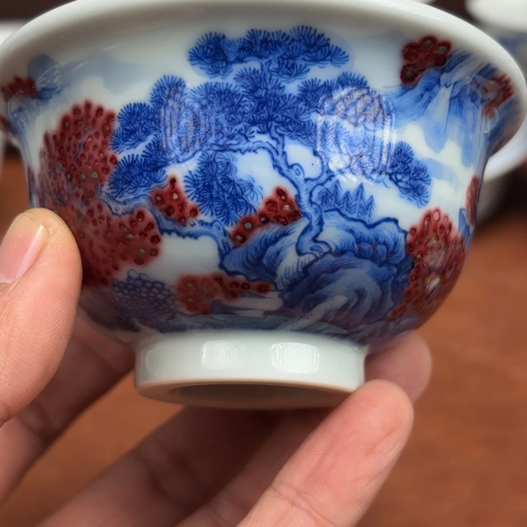 超***摆件陶手绘压手釉里红山水杯景德镇发货