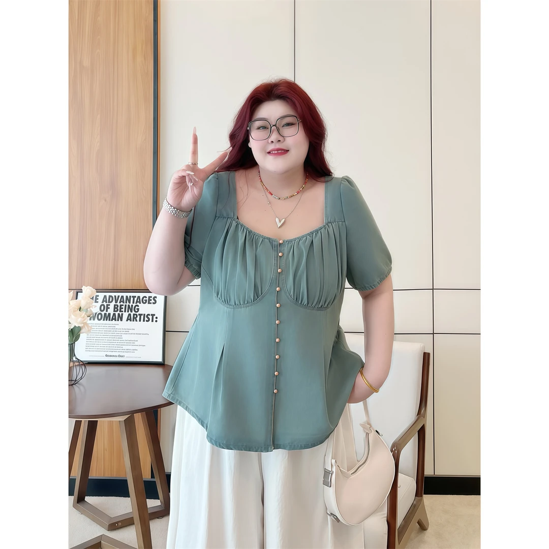 断码捡漏~松间月影 / 小香风方领显脸小牛仔衬衫14739花契大码胖