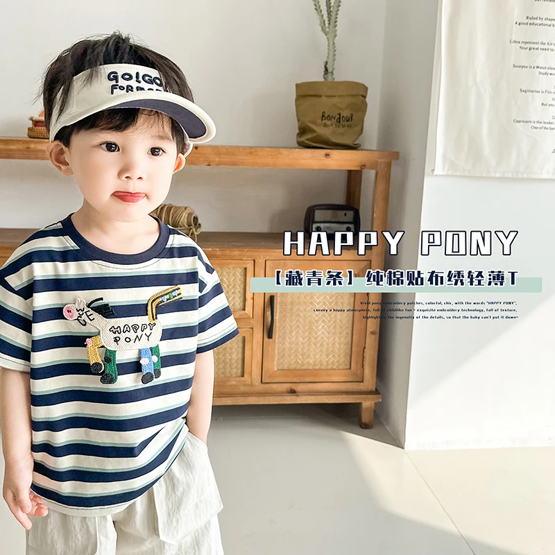 阿小轩【藏青条】童装2025夏季新款男童贴布绣短袖T恤儿童条纹半袖