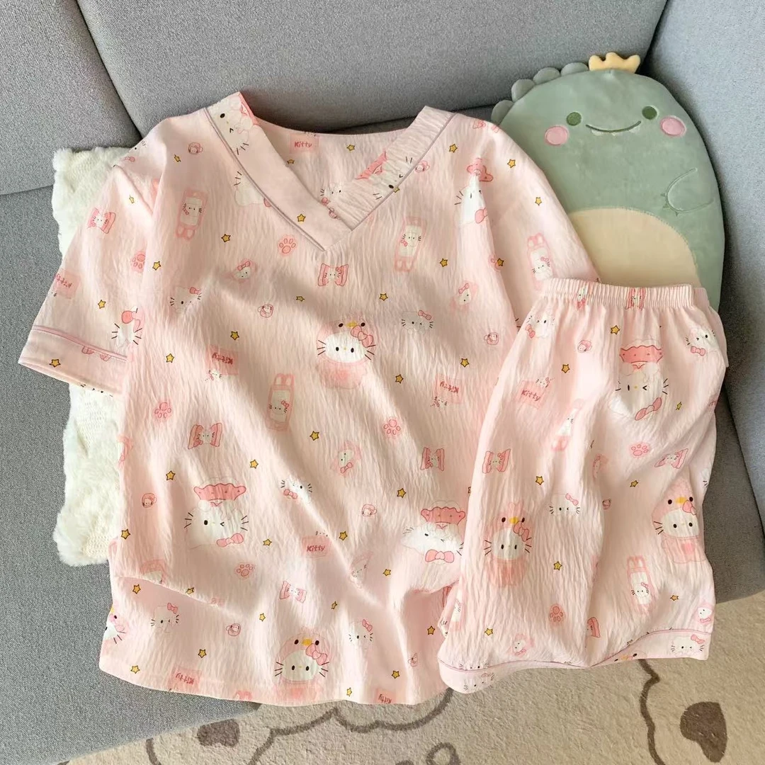 2025新款夏季甜美睡衣女短袖短裤卡通印花家居服两件套装