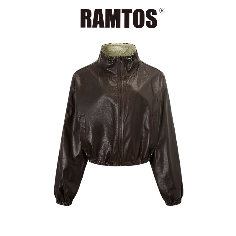 RAMTOS油蜡羊皮立领双面外套短款休闲设计感气质秋季女士