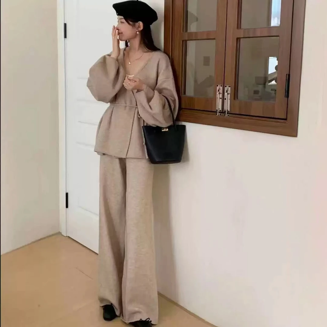 慵懒风毛衣套装秋冬美拉德高级感轻熟气质女神范针织阔腿裤两件套