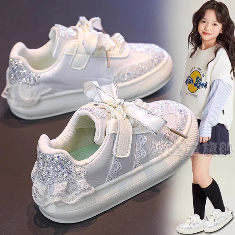 小白鞋2025春季新款儿童蕾丝低帮板鞋休闲女孩鞋子皮面儿童运动鞋