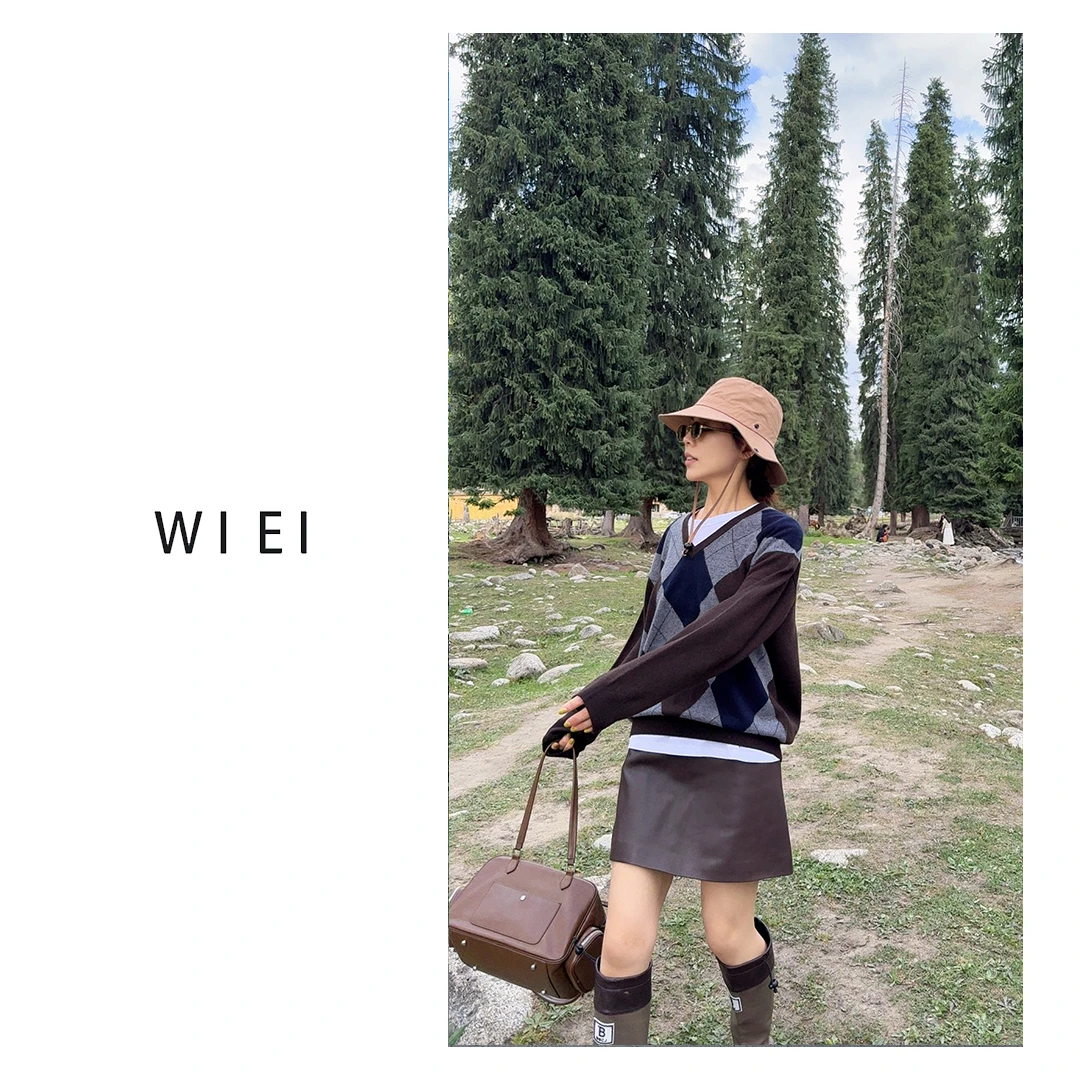 《WI EI》小菱格*100%全羊绒_学院风菱格纹V领长袖针织衫W25209161