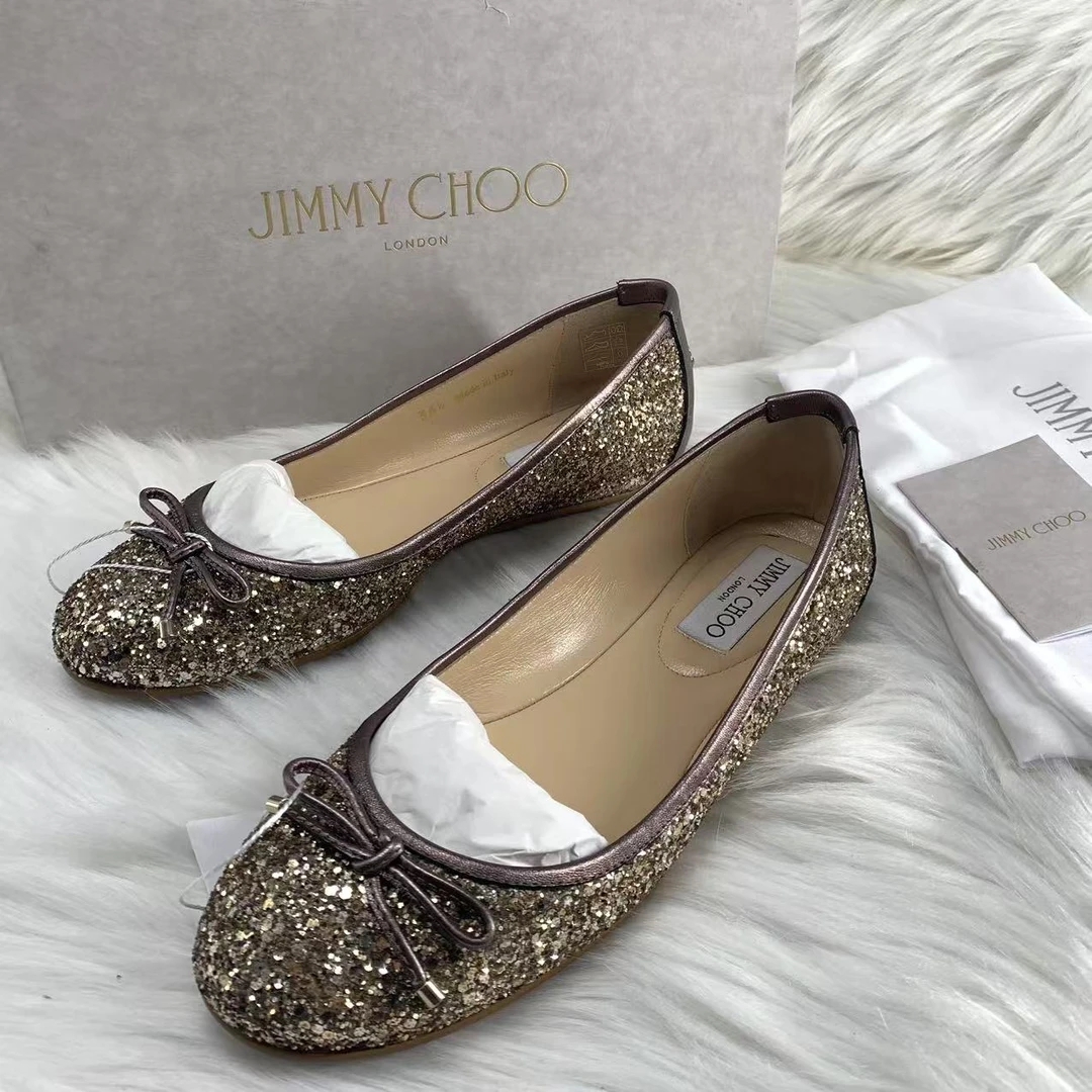 99新 JIMMY CHOO/吉米周 36.5码/仔仔/全套金亮片圆单鞋 wsp232