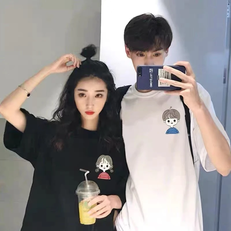 100%纯棉韩系甜美百搭情侣装2025圆领上衣男女懒惰风宽松短袖T恤