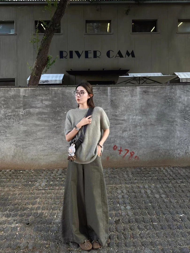 韩系休闲慵懒风圆领短袖针织衫女早秋气质记录百搭上衣宽松休闲裤