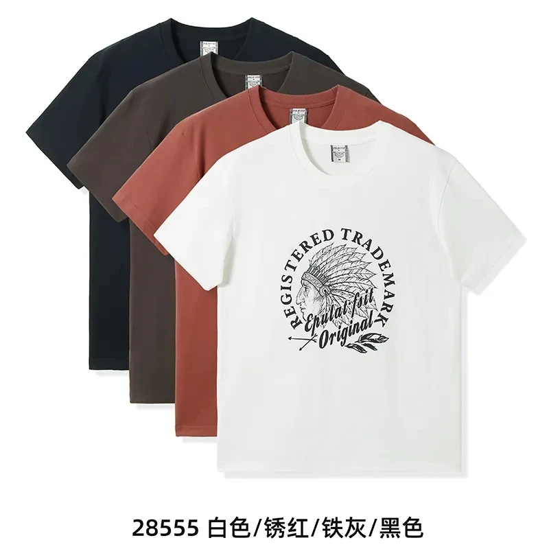 外贸出口 美式休闲复古印第安人男士全棉印花短袖T恤男纯棉T恤男