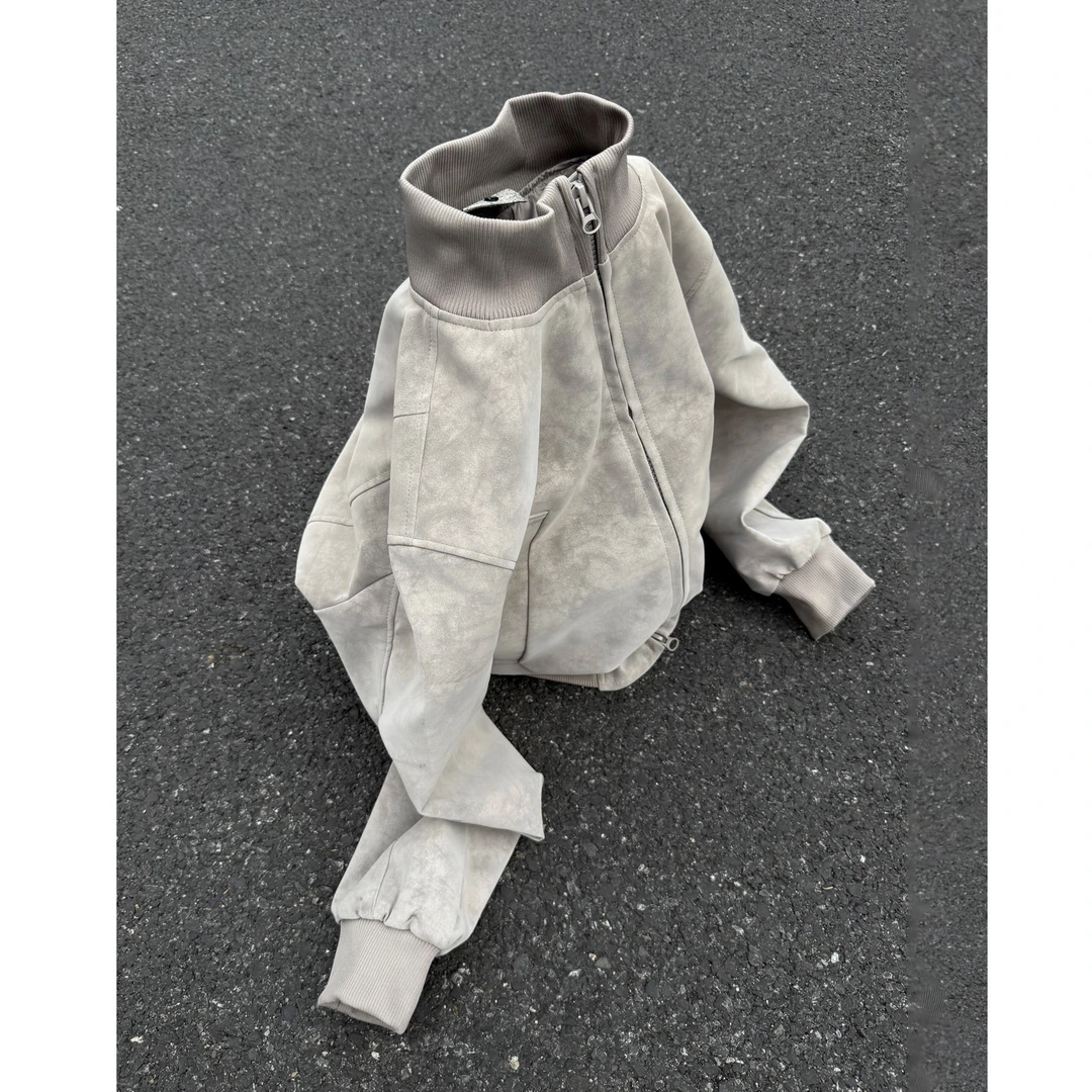 美式立领扎染皮衣外套男秋季高级感重磅cleanfit廓形短款飞行夹克