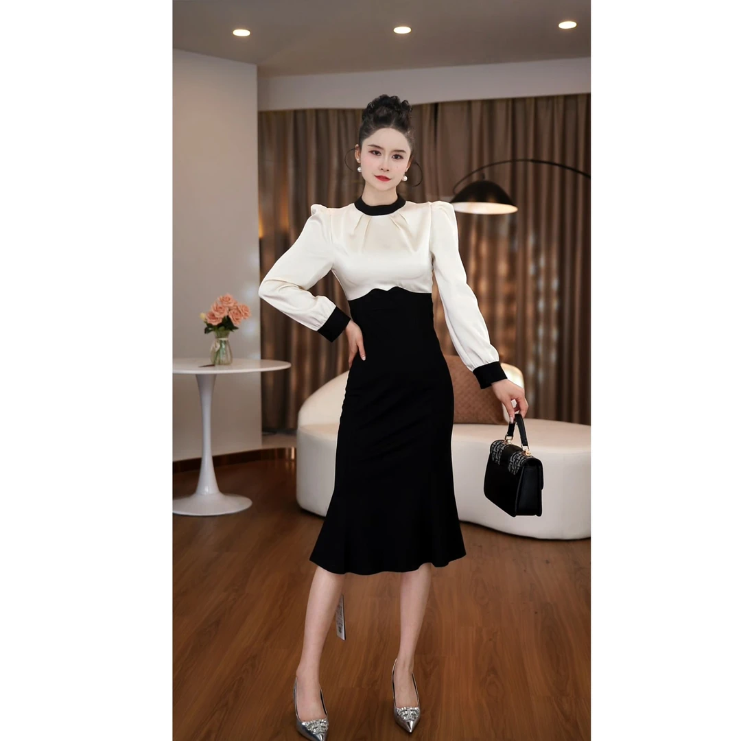 【然也专属】3078法式轻奢黑白假两件圆领长袖连衣裙