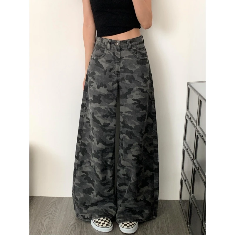大码美式高街工装迷彩牛仔裤女秋季新款胖mm高腰宽松显瘦阔腿长裤