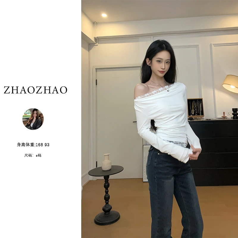 纯欲性感蕾丝拼接修身显瘦长袖恤女2024新款辣妹上衣