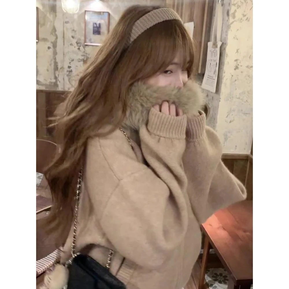 韩系高级感大毛领连帽针织开衫毛衣女秋冬宽松加厚外穿慵懒风外套