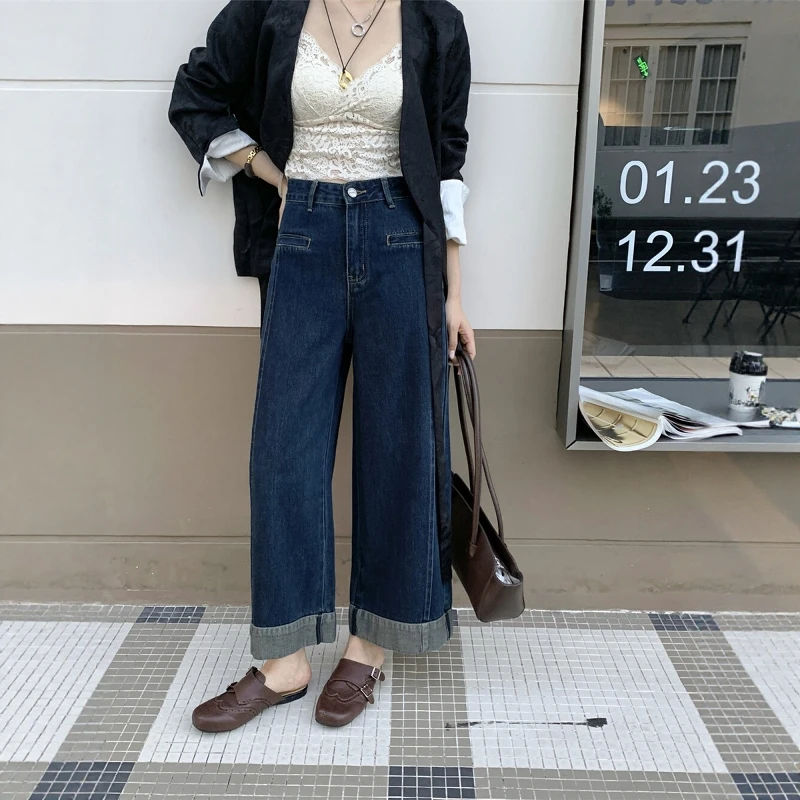 复古深蓝色高腰九分阔腿牛仔裤女秋季宽松显瘦休闲撞色直筒奶奶裤