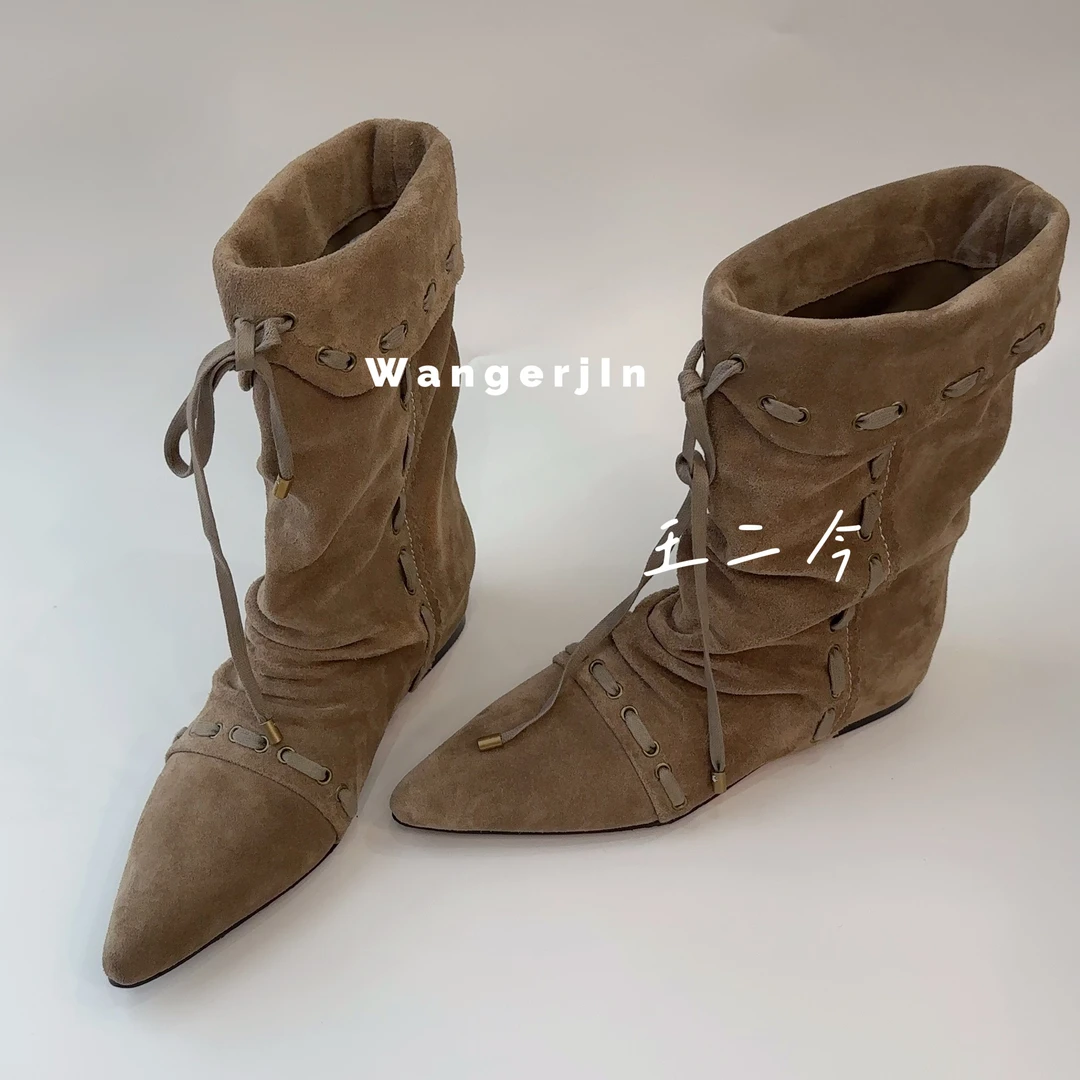 【王二今】牛皮/4CM/内增高尖头及膝可折叠两穿切尔西靴时装短靴女