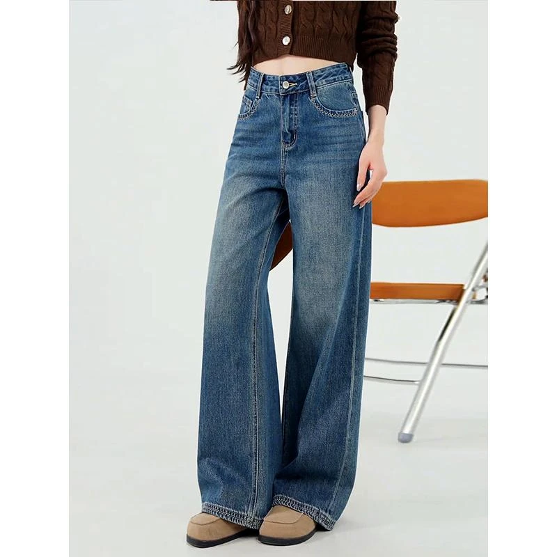 阔腿牛仔裤女爆款2025新款秋季时尚百搭高腰设计感宽松窄版直筒裤