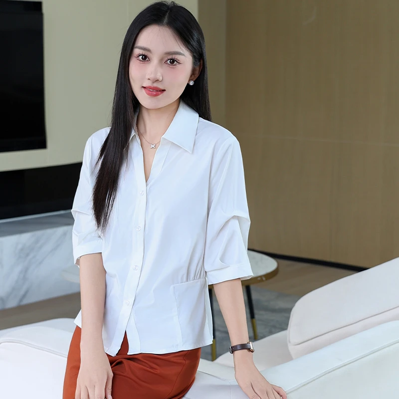 1561-1570落肩袖白色飘带衬衫设计感韩版百搭白衬衫[非主图款】
