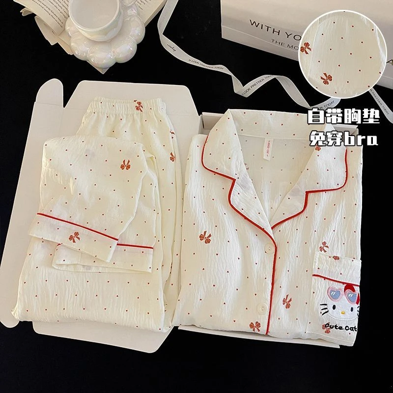 helloKitty睡衣女款四季云朵棉纱长袖两件套装可爱少女春秋家居服
