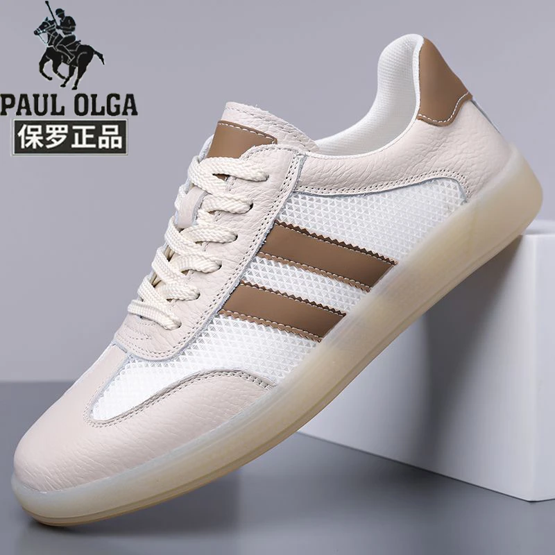 保罗正品韩版小白鞋板鞋百搭镂空通用系带牛皮网面板鞋车缝线透气