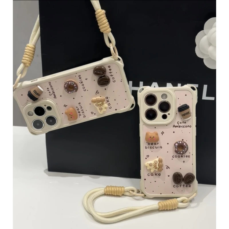 奥菲顿立体小熊咖啡豆适用苹果16四角挂绳手机壳华为vivo小米oppo