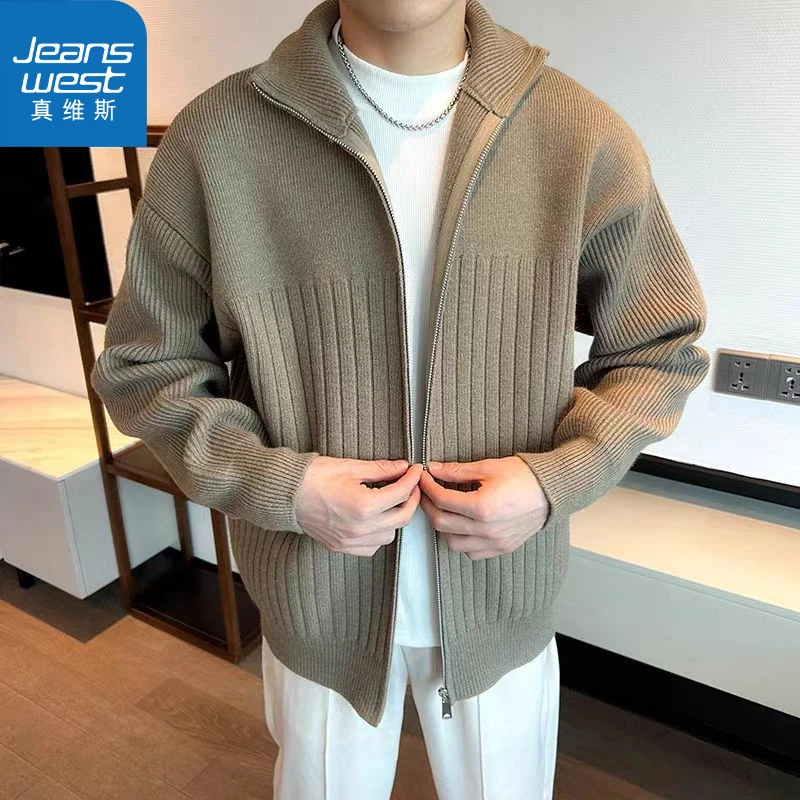 真维斯复古拉链毛衣针织开衫男士秋季新款轻熟风潮牌休闲连帽外套