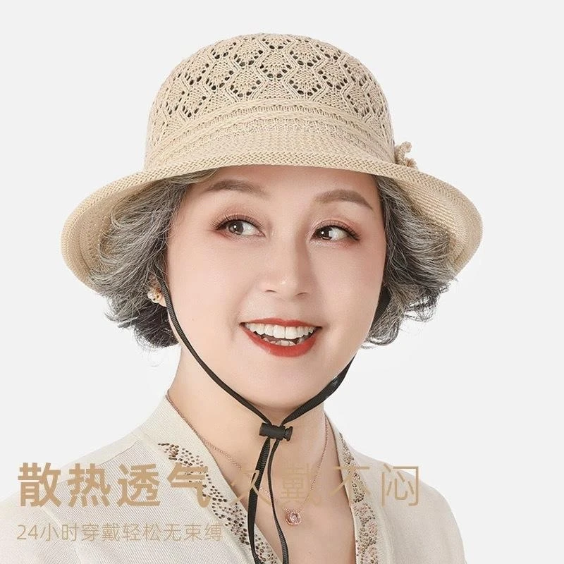 花朵渔夫帽中老年帽子女薄款夏季透气防晒遮阳帽圆顶礼帽妈妈户外