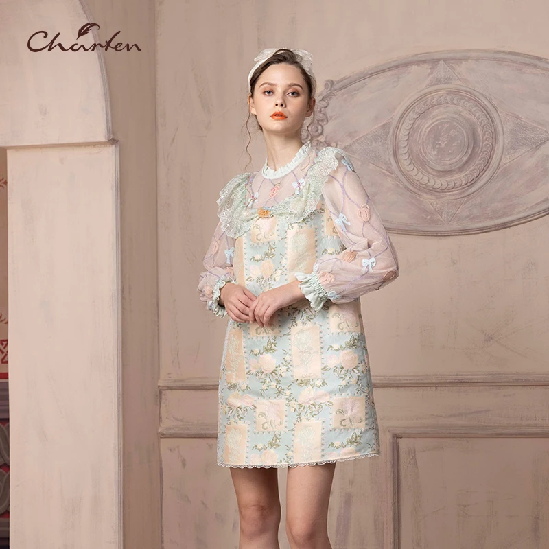 【媛媛专享】朝峰短款风复古长袖连衣裙CFD1B117-1029G