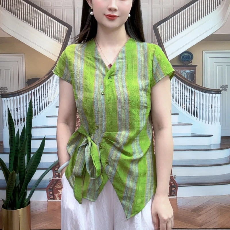 2025年夏季新款时尚百搭女装气质显瘦条纹T恤上衣078